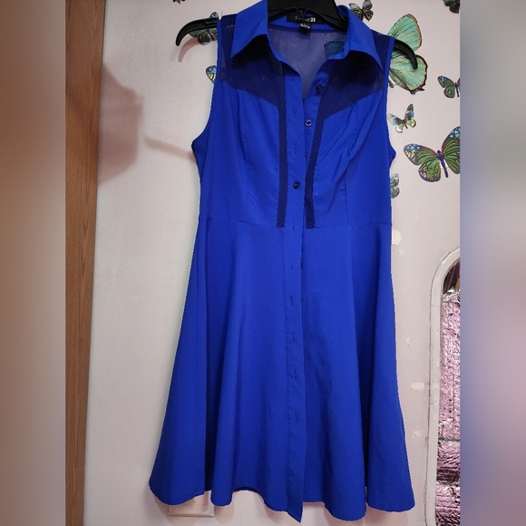 Forever 21 Dresses & Skirts - Forever 21 Women's Shirt Dress S Cobalt Blue Sleeveless A-line Neck Mesh Casual